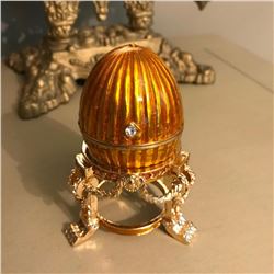 Russian Faberge-Style Golden Enamel Third Imperial Trinket, Jewel Box, Egg with Clock