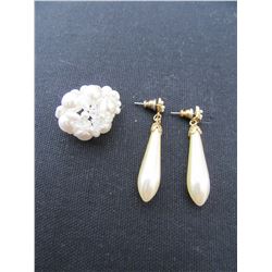 ESTATE - PEARL STYLE STRETCH RING & DANGLE PIERCED EARRINGS