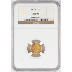 1874 $1 Indian Princess Head Gold Dollar Coin NGC MS64