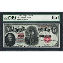 1907 $5 Woodchopper Legal Tender Note Fr.91 PMG Gem Uncirculated 65EPQ