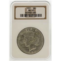 1922 $1 Peace Silver Dollar Coin NGC MS65