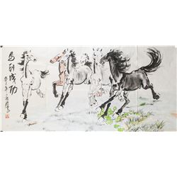 Chinese Watercolor Horses Artist Signed Sealed