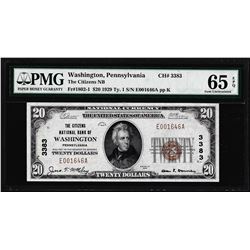 1929 $20 Citizens NB Washington, PA CH# 3383 National Note PMG Choice Gem Unc 65EPQ