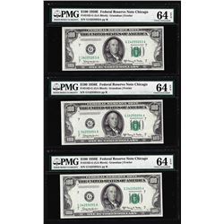 (3) Consecutive 1950E $100 Federal Reserve Notes Chicago PMG Choice Uncirculated 64EPQ
