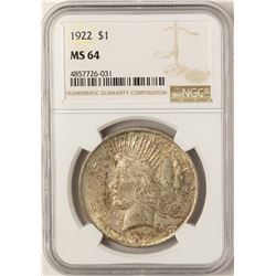 1922 $1 Peace Silver Dollar Coin NGC MS64