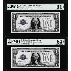 Lot of (2) Consecutive 1928A $1 Funnyback Silver Certificate Notes Fr.1601 PMG Choice Uncirculated 6