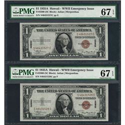 (2) Consec. 1935A $1 Hawaii Emergency Silver Certificate Notes PMG Superb Gem Unc 67EPQ