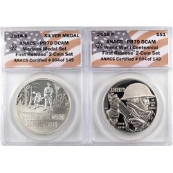 2018-P Proof $1 WWI Centennial Coin & Marines Medal Set ANACS PR70 DCAM First Release