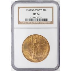 1908 No Motto $20 St. Gaudens Double Eagle Gold Coin NGC MS64