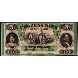 1800's $5 Citizens Bank Louisiana New Orleans, LA Obsolete Banknote