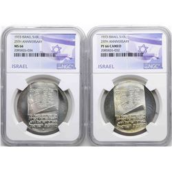 Lot of (2) 1973 Israel 10 Lirot Silver Coins NGC PF65 Ultra Cameo & MS65