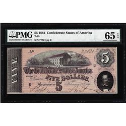 1864 $5 Confederate States of America Note T-69 PMG Gem Uncirculated 65EPQ