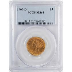 1907-D $5 Liberty Head Half Eagle Gold Coin PCGS MS63