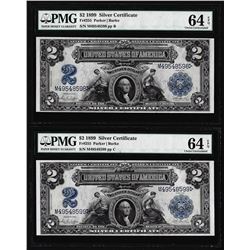 (2) Consecutive 1899 $2 Silver Certificate Notes Fr.255 PMG Choice Uncirculated 64EPQ