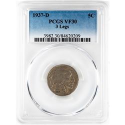 1937-D 3 Legged Buffalo Nickel Coin PCGS VF30