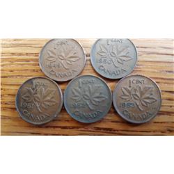 Set of 5 Canada 1 cent coins 1949/1953  Georgivs VI Dei Dratia Rex