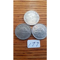 1936/37/38  Canada 5 cent pieces