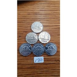 1949/50/51/52/53 Canada 5 cent pieces