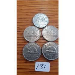 1954/55/56/57/58 Canada 5 cent pieces