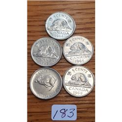 1964/65/66/67/68 Canada 5 cent pieces