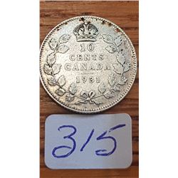 1931 Canada 10 cent piece