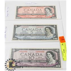 1954 CANADIAN BILLS, $2, $5 & $10