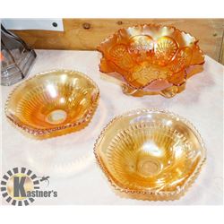 3 PIECES CARNIVAL GLASS, 2 ARE 6" AND 1 IS 8"