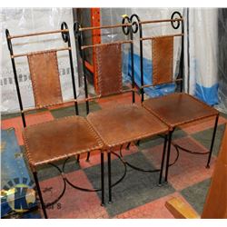 SET OF 3 WROUGHT IRON AND LEATHER CHAIRS