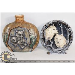 PAIR OF CERAMIC WOLF ORNAMENTS, 8" & 9"