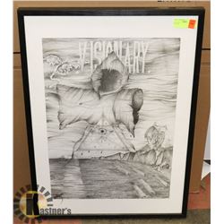 BLACK & WHITE FRAMED PICTURE, 21 X 28