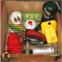 LARGE BOX OF CAMPING/SURVIVAL GEAR INCL.