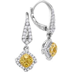 14kt White Gold Round Yellow Diamond Diagonal Square Cluster Dangle Earrings 3/4 Cttw