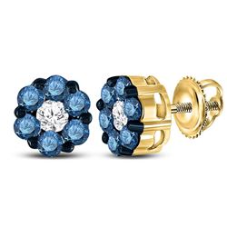 10kt Yellow Gold Round Blue Color Enhanced Diamond Cluster Earrings 1.00 Cttw