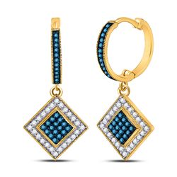 10kt Yellow Gold Round Blue Color Enhanced Diamond Square Dangle Earrings 1/2 Cttw