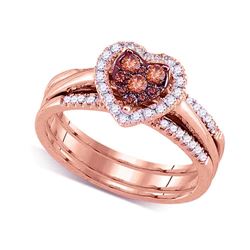 14kt Rose Gold Round Brown Diamond Heart Cluster Bridal Wedding Engagement Ring Band Set 1/2 Cttw