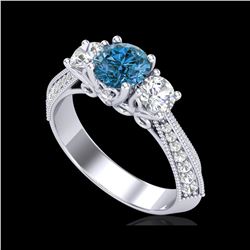 1.81 ctw Intense Blue Diamond Art Deco 3 Stone Ring 18K White Gold