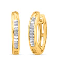 10kt Yellow Gold Baguette Diamond Huggie Hoop Earrings 1/8 Cttw