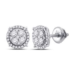 10kt White Gold Round Diamond Circle Cluster Earrings 1/4 Cttw