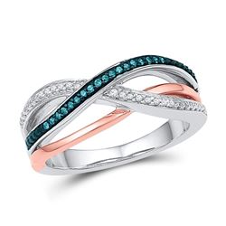 10kt White Gold Round Blue Color Enhanced Diamond Crossover Band Ring 1/10 Cttw