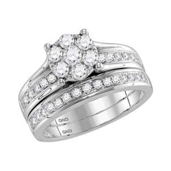 14kt White Gold Round Diamond Flower Cluster Bridal Wedding Engagement Ring Band Set 1.00 Cttw