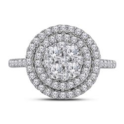 14kt White Gold Round Diamond Concentric Double Halo Cluster Ring 1.00 Cttw