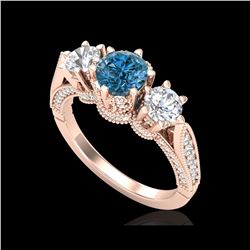 2.18 ctw Intense Blue Diamond Art Deco 3 Stone Ring 18K Rose Gold
