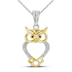 10kt Yellow Gold Round Red Color Enhanced Diamond Owl Bird Animal Pendant 1/20 Cttw