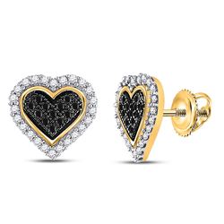 10kt Yellow Gold Round Black Color Enhanced Diamond Heart Cluster Stud Earrings 1/4 Cttw