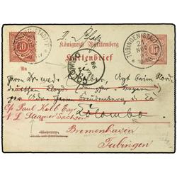 GERMAN STATES: WURTEMBERG  Postal stationary letter card 10 pf red
