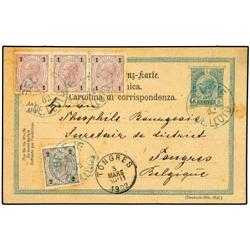 AUSTRIAN LEVANT 5 h. green stationery card used to BELGIUM