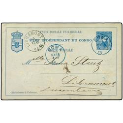 BELGIAN CONGO 15 c. blue on blue stationery card used to LUXEMBOURG