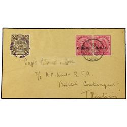 CHINA Cover to Tientsin franked by C.E.F. 3p. rose red pair 