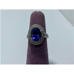 14K WHITE GOLD RING WITH BLUE STONE AND DIAMONDS
