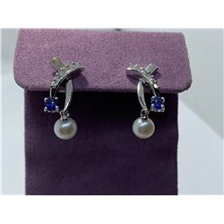 14K WHITE GOLD PEARL, SAPPHIRE DIAMOND EARRINGS